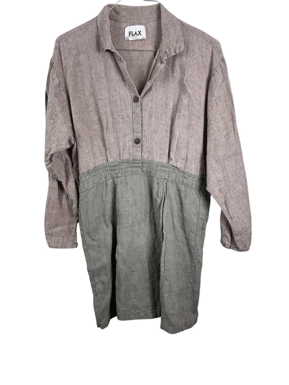 FLAX Two-Tone Linen Tunic Dress in tan and Olive - Picture 3 of 5